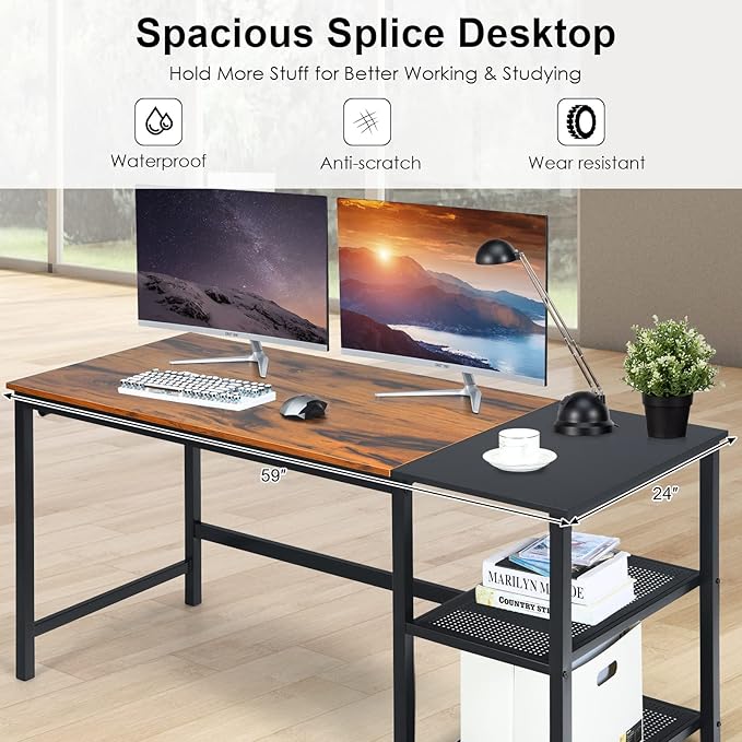 COSTWAY 59” Computer Desk with 2 Removable Storage Shelves Industrial Writing Workstation with Headphone Hook for Home Office Gaming Desk (Rustic Brown)