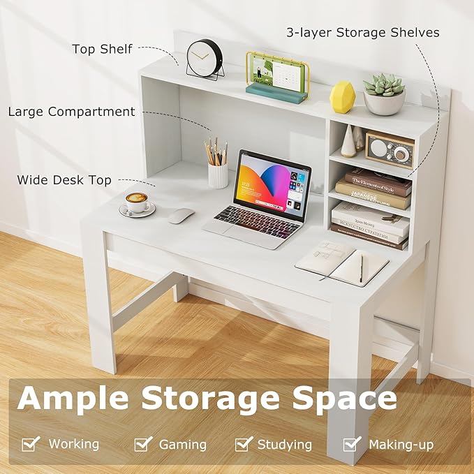 Tangkula 48“ Computer Desk with Hutch Home Office Writing Study Desk with Storage Shelves Cable Management Hole Laptop Desk Desk for Bedroom Computer Workstation (White)