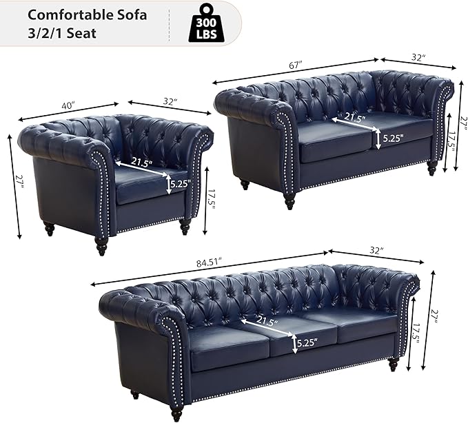 AVZEAR Leather Upholstered Armchair Single Sofa Chair with Rolled Arms and Nailhead Mid-Century Modern Tufted PU Chesterfield Chair for Living Room Bedroom Office Apartment PU Blue