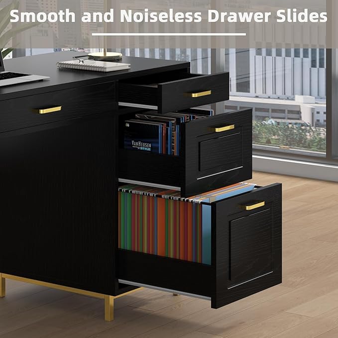 Black Computer Desk with 7 Drawers 57 Inch Home Office Desk with File Drawers Wood Modern Desk with Storage for Bedroom Executive Desk with Golden Legs and Handles Black and Gold