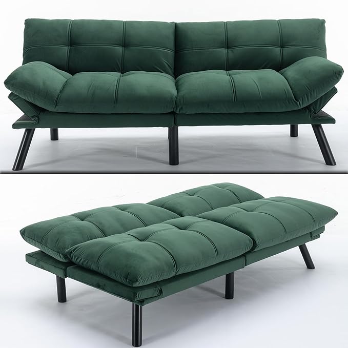 71 Velvet Futon Couch Bed with Mattress IncludedConvertible Folding Sleeper Sofa Bed with Adjustable BackrestsModern Loveseat Sleeper for Living Room Bedroom Small Space Home Office (Green)