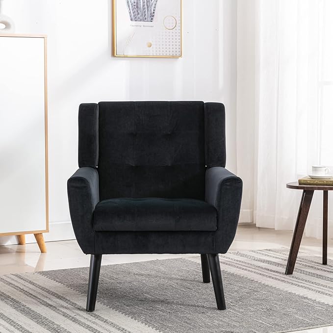 Dolonm Midcentury Modern Velvet Accent Chair with Arms Upholstered Reading Side Chair Tufted Back Decorative Wingback Chair for Living Room Bedroom (Black)