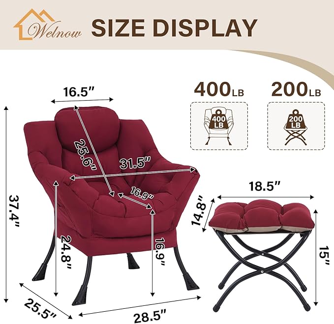 Welnow Lazy Chair with Ottoman Modern Accent Chair with Armrests and a Side Pocket Leisure Sofa Armchair Reading Armchair with Footrest for Small Space Burgundy