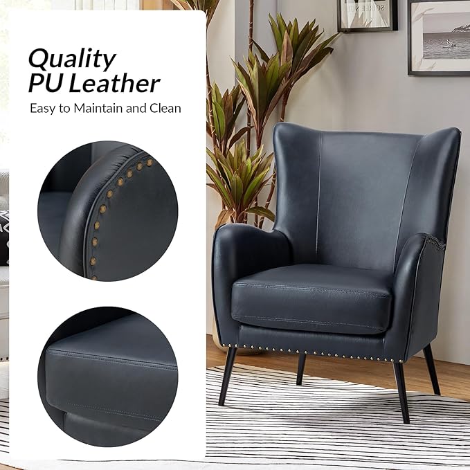 Upholstered Faux Leather Accent Chair with Black Metal Legs Comfy Armchair with Removable Cushion &amp Nailhead Trim Wingback Vanity Chair for Reading Living Room Bedroom