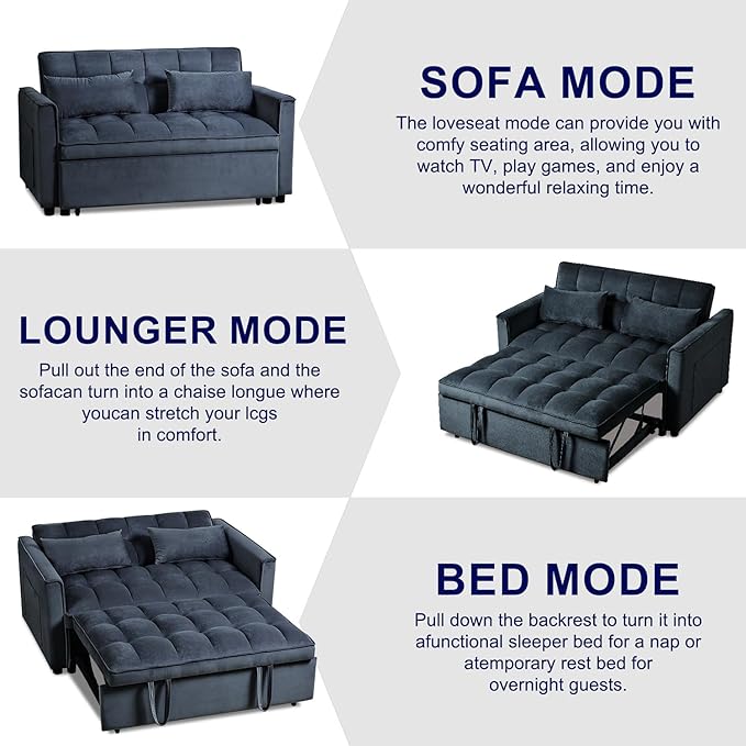 3 in 1 Convertible Sleeper Sofa Bed 54'' Full Size Velvet Pull Out Futon Couch Recliner with Reclining Backrest &amp 2 Pillows Small Loveseat Lounge Couches for Small Spaces (Black)