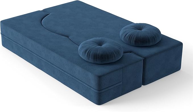 76 Plush Corduroy Convertible Sleeper Sofa Bed Modern Loveseat Sofa with 2 Pillows Compression Couch with Folding Mattress for Living Spaces Blue