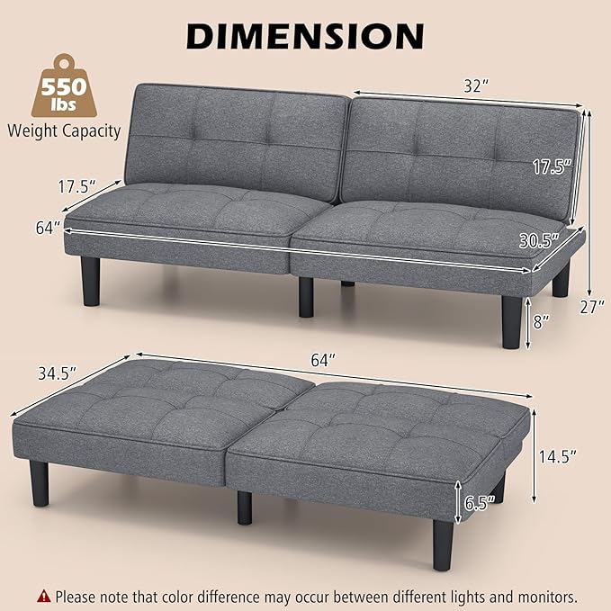 KOMFOTT Convertible Futon Sofa Bed Upholstered Folding Linen Sleeper Couch with 6-Position Adjustable Backrest Thick Cushion Adjustable Recliner Couch Bed Loveseat for Living Room Small Spaces