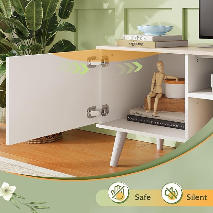 WLIVE Mid-Century Modern TV Stand for 65 70 Inch TV Entertainment Center with Storage Adjustable Shelves &amp Soft-Close Media TV Console for Living Room/Bedroom Greige White