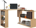 L Shaped Corner Desk 360 Degree Rotating Home Office Desk with Storage Shelves Writing Table Workstation Maple