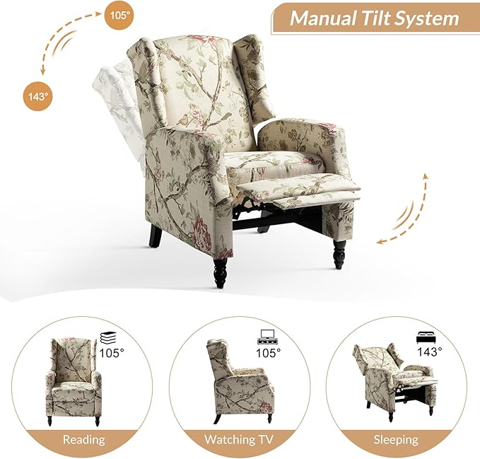 HULALA HOME Wingback Recliner Chair Traditional Push Back Recliner Single Sofa Chair with Solid Wood Legs Modern Lounge Armchair for Living Room Comfy Upholstered Accent Reclining Bird