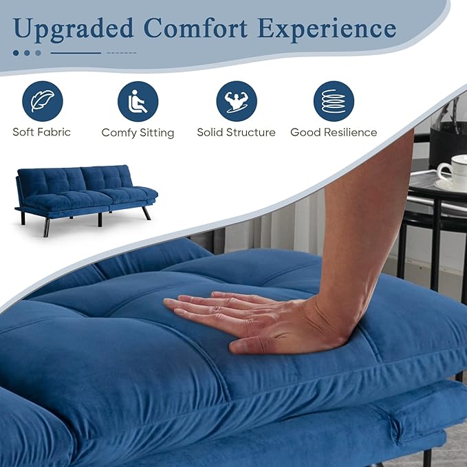 Convertible Velvet Futon Sofa Bed Comfy 72 L Sleeper Couch with Thicker Cushion Upholstered Modern Reclining Loveseat Folding Sofa for Small Living Room Dorm Apartment Office Navy