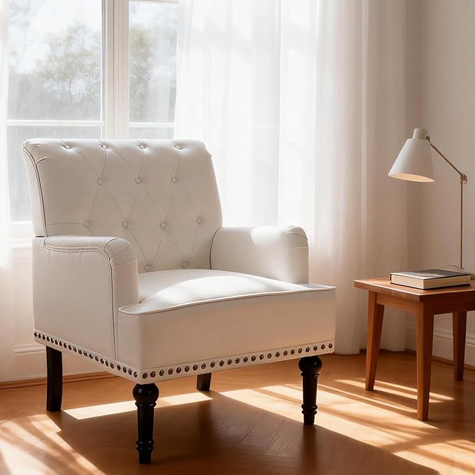 MOJAY PU Leather Accent Chair Mid-Century Armchair Living Room Sofa Chair with Rubber Wood Leg Club Chair with Rivet Trim for Bedroom Reading Room Reception (White)