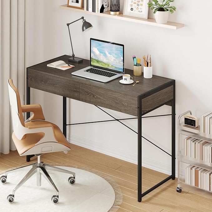 Giantex Computer Desk with 2 Drawers 44 Inch Home Office Desk with Anti-Toppling Device &amp Metal Frame Compact Laptop PC Table Vanity Table Modern Study Writing Desk for Small Spaces (Grey Oak)