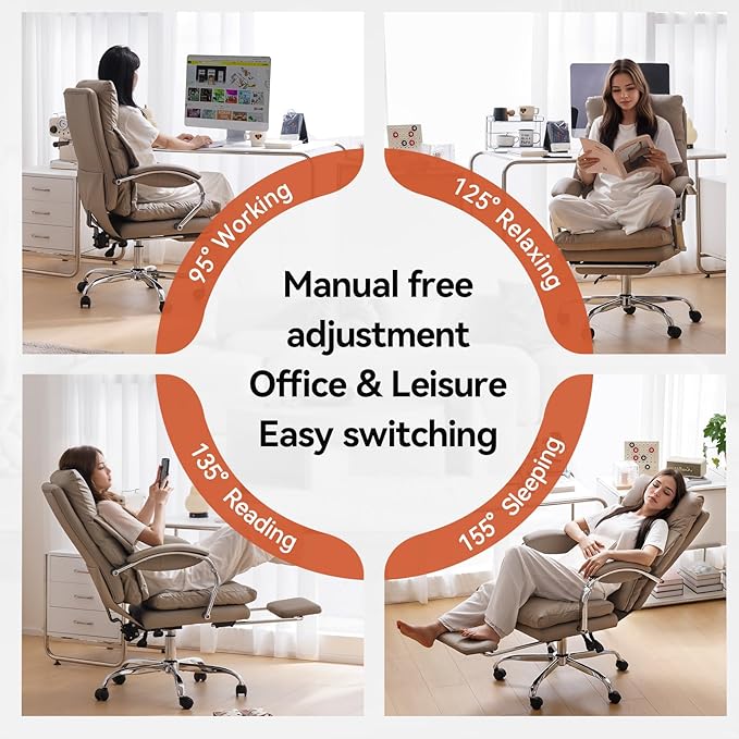 LEAGOO Office Chair with Foot Rest Executive Reclining Office Chairs with Arms Ergonomic High Back PU Leather Comfy Swivel Computer Desk Chairs with Wheels and Lumbar Support for Home Office Tan
