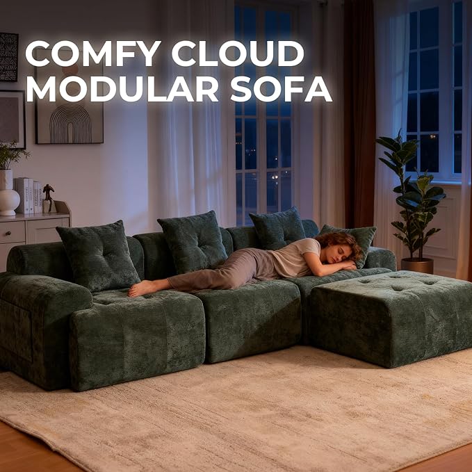 129.23”Modular Sectional Couch for Living Room Modren L-Shape Cloud Sectional 4-Seater Sofa with Movable Ottoman Woven Texture Upholstery Boneless Couch No Assembly Green
