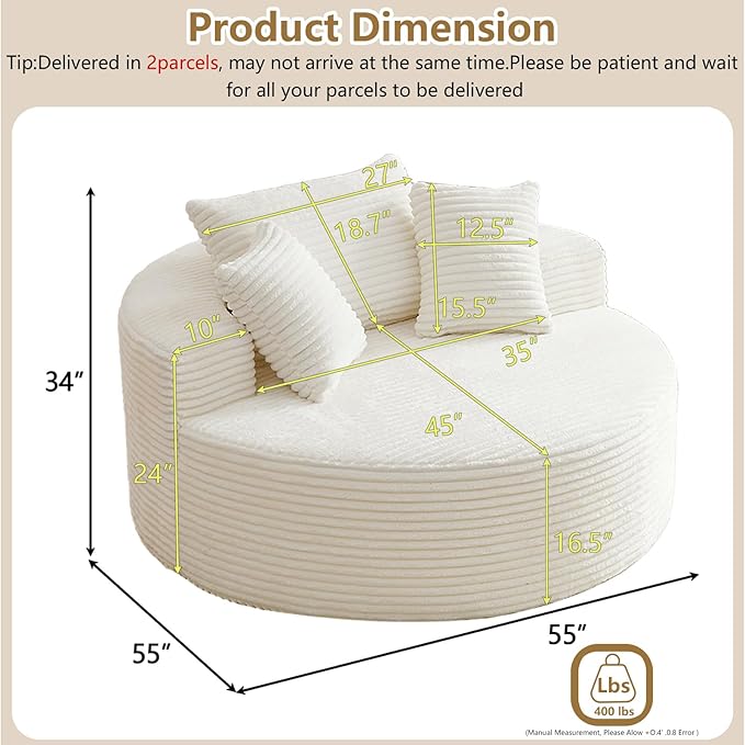 55''L Oversized Round Chaise Longue Chair Indoor Corduroy Sponge Single Sofa Oversized Round Chairs Modern Sleeper Chair for Living RoomProjection Room Wide Armrest Chairs Beige