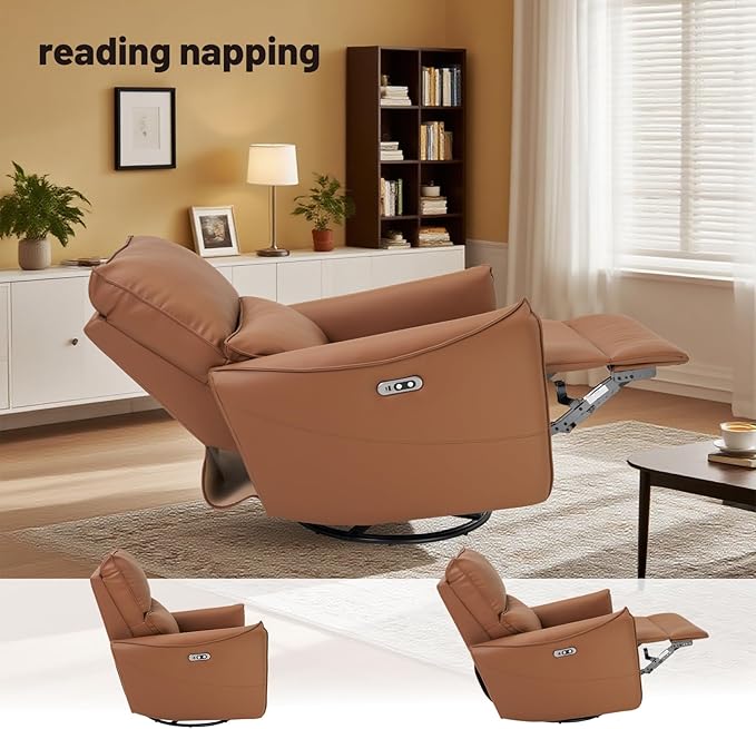 Recliner Sofa Rocking Chair Swivel Power Reclining Adjustable 360 Degree Spinning with Ergonomics Lumbar Support Natural Leather for Home Theater Seating Living Room Bedroom Nursery Beige