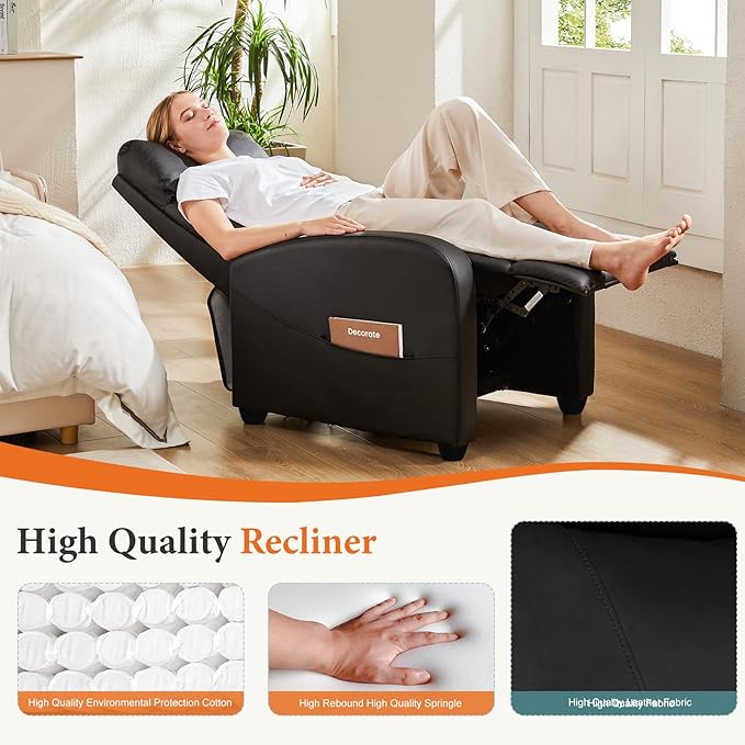 Sweetcrispy Recliner Chair PU Leather Recliner Sofa No Massage Home Theater Seating with Lumbar Support Adjustable Push Back Overstuffed High-Density Sponge Reclining for Living Room Black