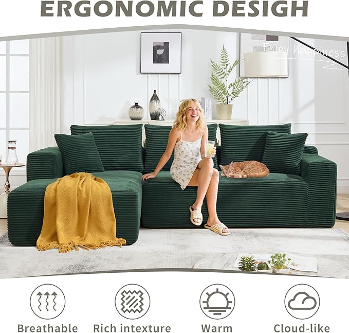 108.3 Modular Sectional Sofa Couches for Living Room Modern Boneless Couch Cloud Foam Floor Upholstered Sofa with Chaise L-Shape Couch for Bedroom Left Facing Chaise Green