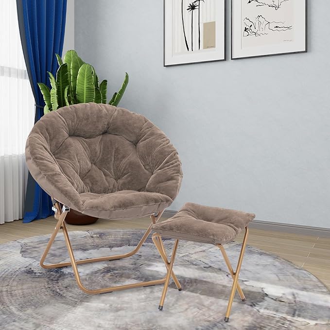 Athena Collection Round Saucer Chair with Ottoman Set for Adults Oversize Comfy Cozy Faux Fur Folding Reading Chair with Metal Leg Lazy Relaxing for Living Room Bedroom Dorm Apartment Beige