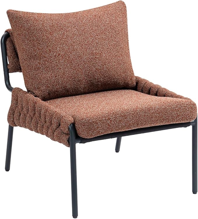 Modern Accent Lounge Chair with Braided Upholstery and Metal e Comfortable Armchair for Living Room or Bedroom Soft Cushioned Seat and Backrest Set of 1 (Brown)