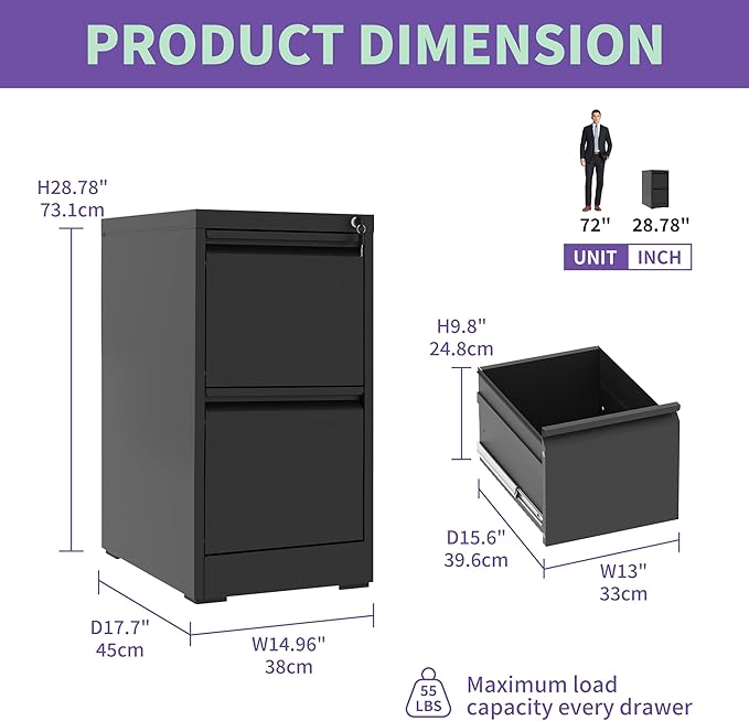 2 Drawer Small File Cabinet with LockUnder Desk Storage Organizer Metal Filing Cabinets for Home Office Locking Drawers for A4 Legal/Letter SizeBlack