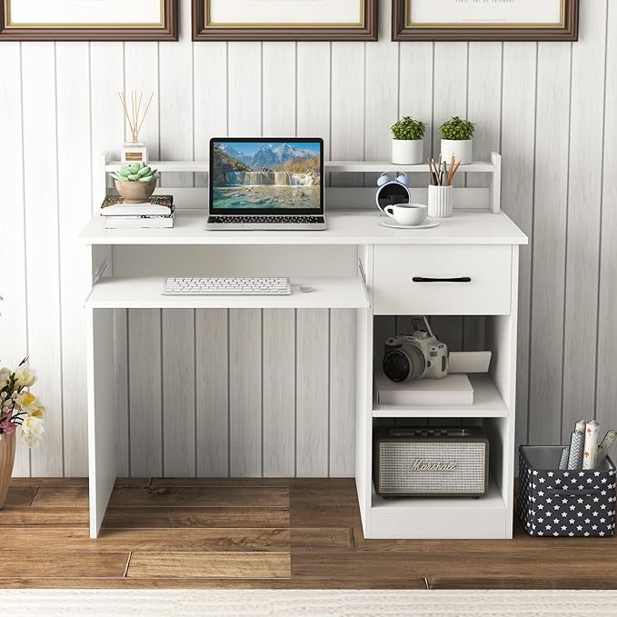 IFANNY Wooden Computer Desk White Home Office Desk w/Drawers Keyboard Tray Open Shelves &amp Monitor Stand Modern Writing Desk Compact Computer Desk for Small Spaces (White)
