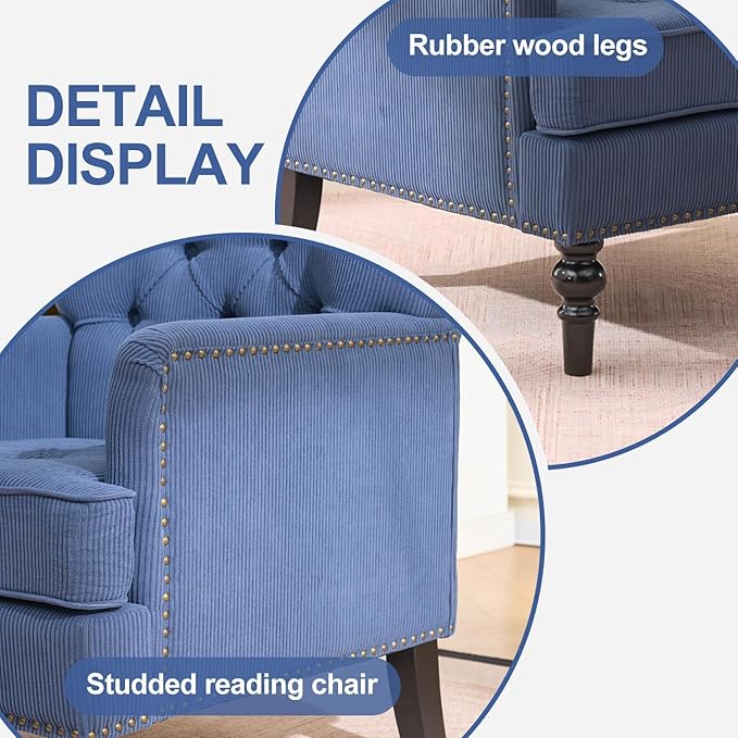 Mid Century Modern Accent Chair Upholstered Armchair for Adults with Button Linen Reading Chair with Studded and Rubber Wood Legs for Living Room Bedroom Apartment Office (Blue)