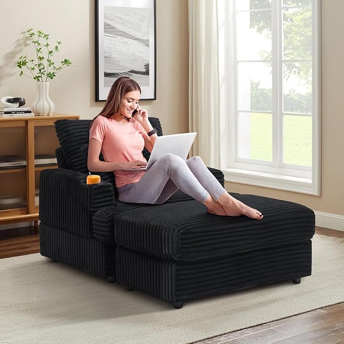 Chaise Lounge Chair Indoor 39 W Plush Corduroy Oversized Chair with Ottoman Upholstered Cozy Chaise with Cup Holder Modern Deep Seat Comfy Sofa Armchair for Living Room Bedroom(Black)