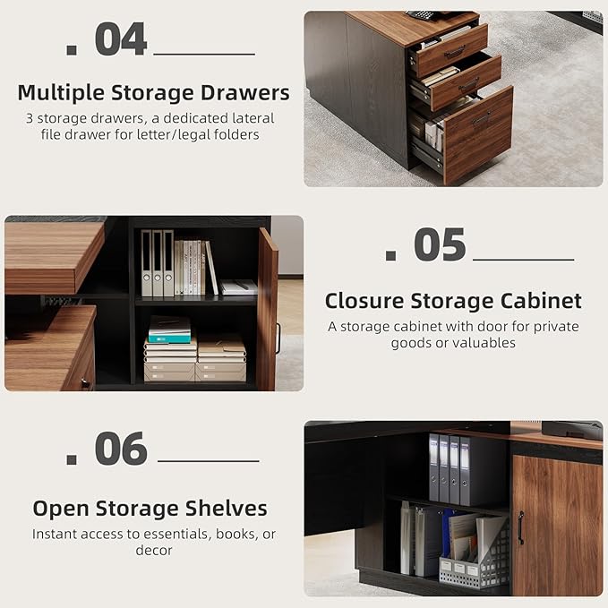 Executive L-Shaped Desk with Storage Cabinet 78-Inch Large Home Office Desks with Power Outlet and Lateral File Cabinet Modern Computer Desk with Drawers and Open Shelf Brown Black