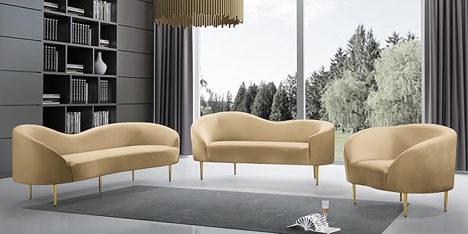 Meridian Furniture 659Camel-L Ritz Collection Modern | Contemporary Upholstered Loveseat with Rich Camel Velvet Gold Metal Legs Curved Contemporary Design 67 W x 31.75 D x 30.5 H Camel