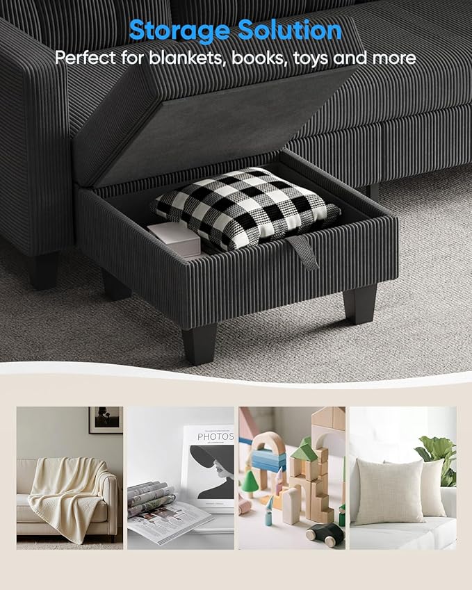 76 Inch L Shaped Sofa Corduroy Convertible Sectional Couch with Reversible Storage Ottoman Modern 3 Seat Sectional Sofa for Living Room Apartment and Small Space