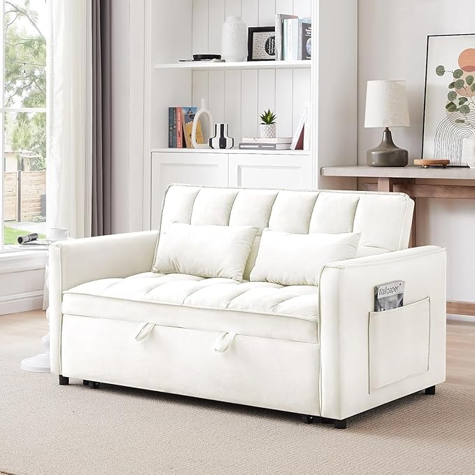 3 in 1 Convertible Sleeper Sofa BedFuton Couch with Pull-Out Bed &amp Adjustable BackrestVelvet Fabric Loveseat Sleeper with Side Pocket for Small Apartment Living Room Office (Beige) | Adjustabl