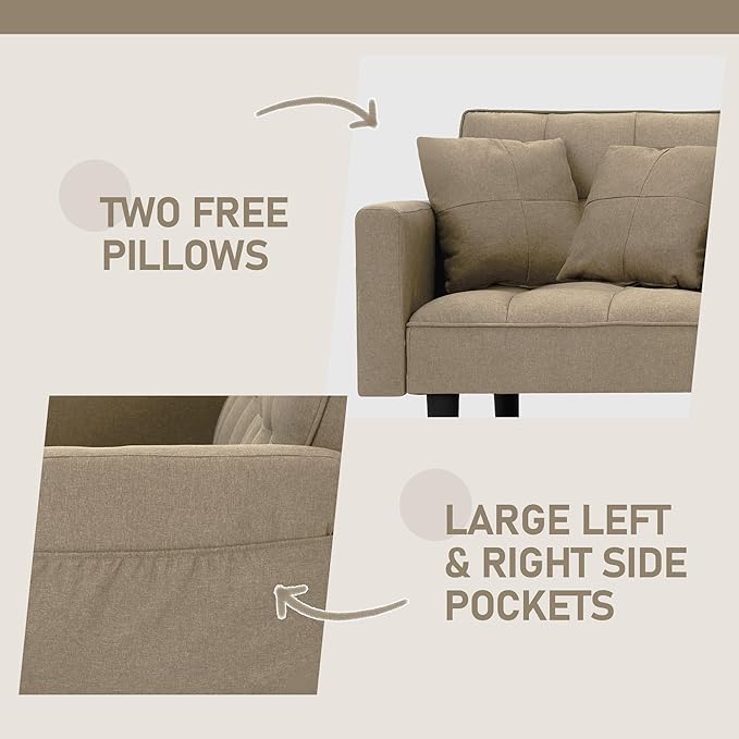 AVAWING Futon Sofa Bed Modern Linen Fabric Convertible Upholstered Couch with Adjustable Back Arms and High Strength Nylon Legs for Living Room Apartment Office (Khaki)