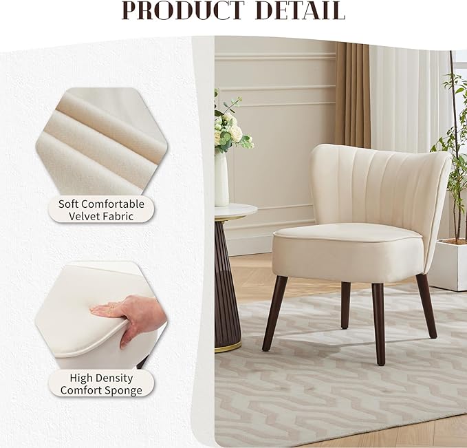 Modern Velvet Accent Chair Set of 2 Soft Upholstered Living Room Chair with Wooden Legs Comfy Armless Lounge Chair for Living Room/Makeup/Office/Bedroom Beige