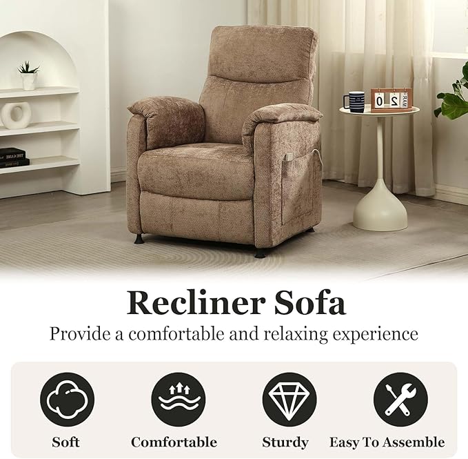 Small Electric Nursery Recliner Chairs for AdultsGrey Power Recliner Chairs with Remote &amp Side Pockets Fabric Reclining Chair for Living Room Bedroom Ofiice Comfort &amp Space-Saving (Brown)