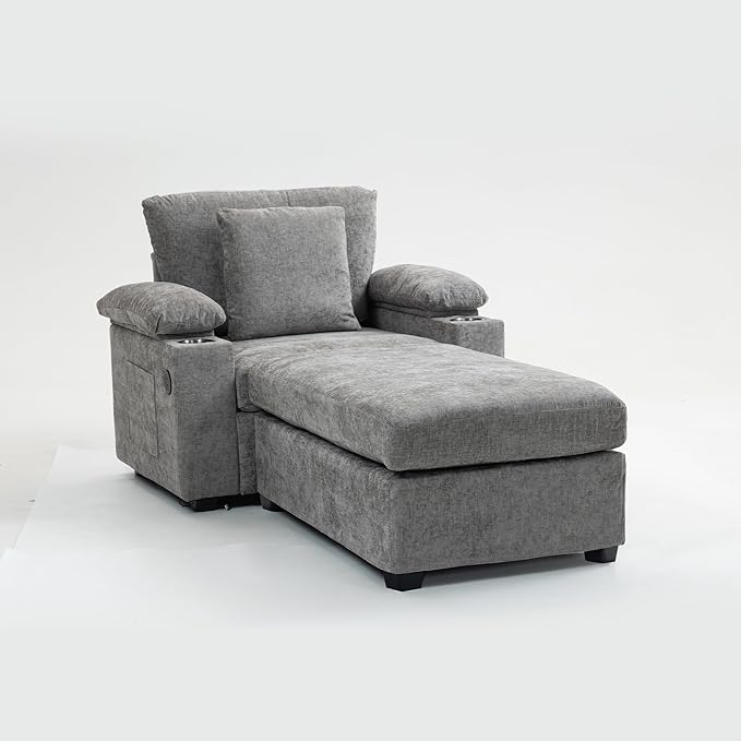 58'' Chaise Lounge Chair Indoor Cloud Arm Chair with Ottoman Set Oversized Accent Chair with Ottoman Reading Chair with Cup Holders &amp USB Charging Ports for Living Room Bedroom (Grey)