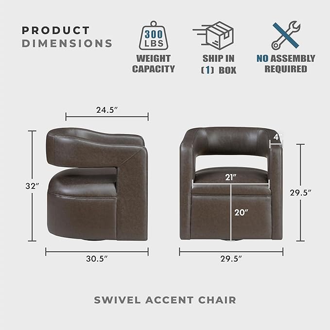 Lexicon 360 Degree Swivel Accent Chair Upholstered Modern Faux Leather Swivel Barrel Chair Attached Cushion Comfy Round Open Back for Living Room/Bedroom/Office/Apartment Assembled Dark Coffee