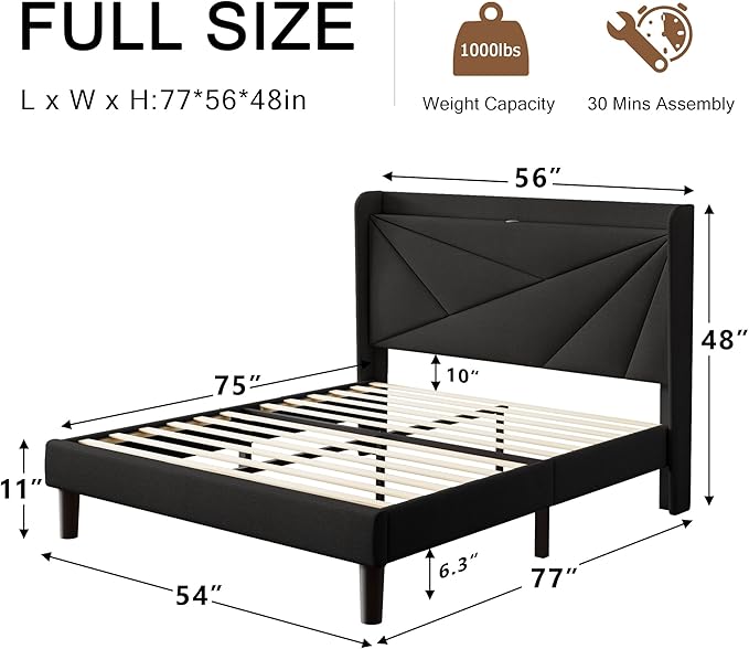 Full Size Upholstered Bed Frame with Charging Station Platform Bed Frame with Storage Headboard Solid Wood Slats Support No Box Spring NeededBlack