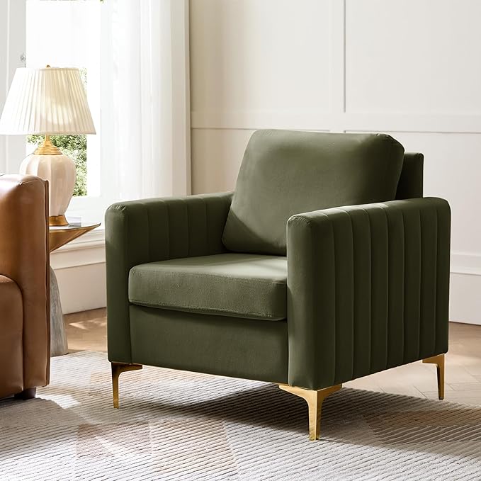 Modern Upholstered Velvet Accent Chair Velvet Armchair Club Chair with Gold Metal Legs Mid-Century Barrel Leisure Comfy Reading Chair for Livingroom Bedroom