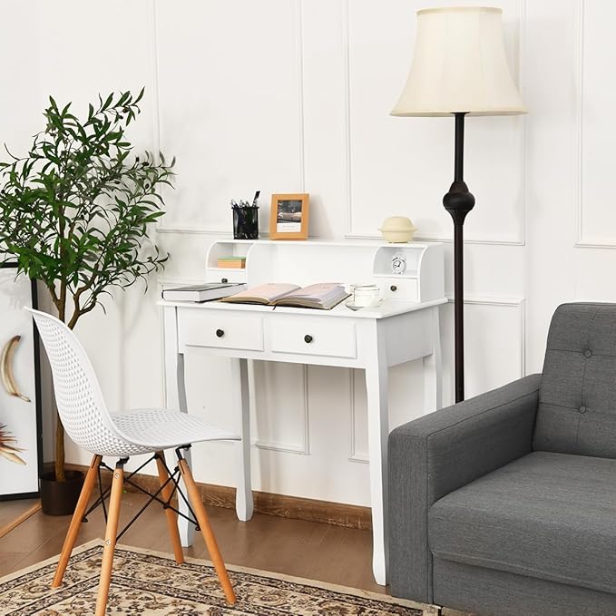 Byroce Small Writing Desk with Removable Hutch 2-Tier Vanity Table with 4 Drawers 3 Cubbies &amp Pine Wood Legs Study Computer Desk for Bedroom Home Office (White)