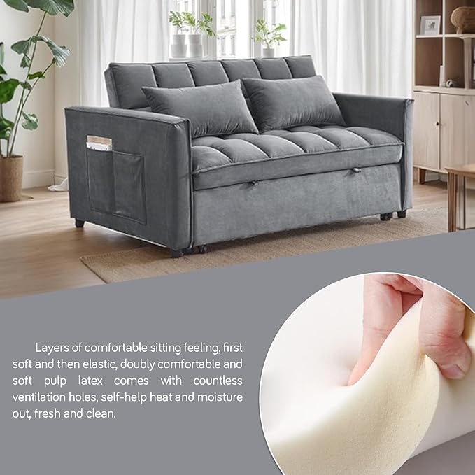 55 Convertible Full Size Sofa Bed 3 In 1 Velvet Sleeper Sofa with Pull-Out Bed Futon Couch with Adjustable Backrest and Side PocketModern Loveseat for Small SpacesLiving Room (Dark Grey)