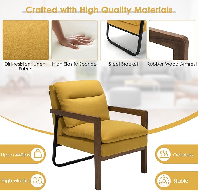Giantex Set of 2 Accent Chair Comfy Soft Bedroom Chair with Solid Rubber Wood Legs Rear Steel Bracket Non-Slip Foot Pads Detachable Cushions Mid-Century Modern Living Room Chairs Yellow