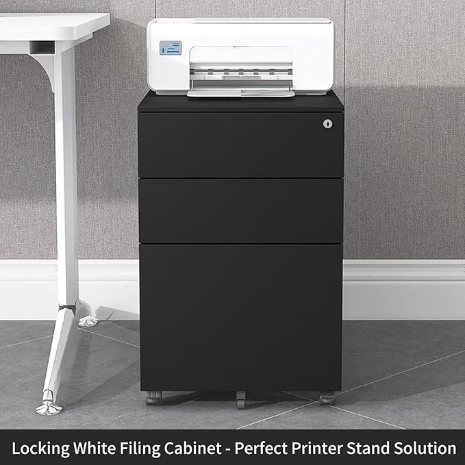 3 Drawer File Cabinet with Wheels Metal Filing Cabinets for Home Office with Lock Under Desk Drawer Organizer Fully Assembled Fits Letter A4 Standard Sizes (Black 23.6*11.8*20.5)
