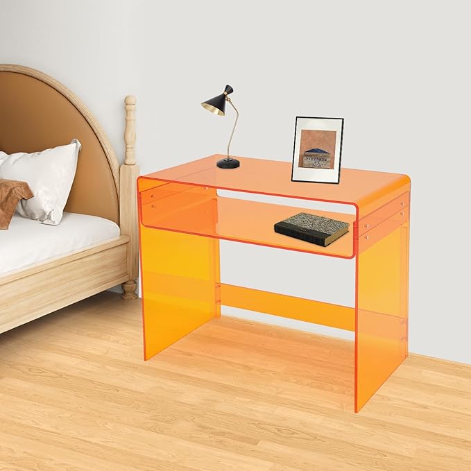 Orange Acrylic Desk with Open Storage 33.46'' × 15.75'' × 29.53'' Laptop Study Table Home Office Console Table Modern Minimalist Office Study Desk
