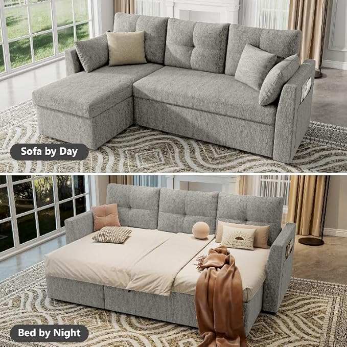 Sleeper Sofa Couch 2 in 1 Sectional Sleeper Couch Bed with Side Pocket Pullout Sofa Bed with Storage Chaise for Living Room Light Grey
