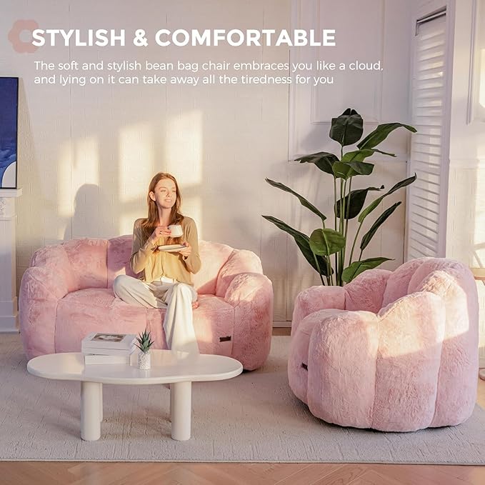 MAXYOYO Bean Bag Chair for Adults Floral Shaped Bean Bag Sofa Ultra Soft Faux Fur Floor Sofa Large Reading Chair for Living Room Bedroom Pink Single