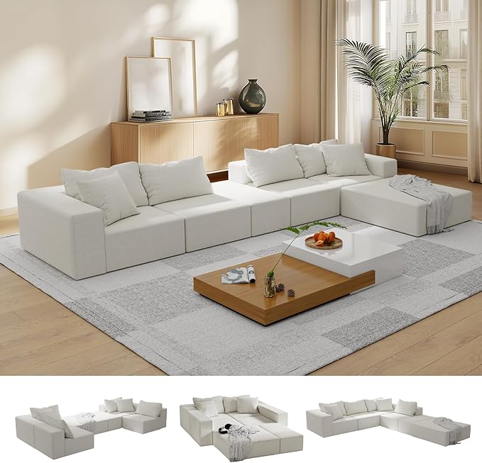 132'' Oversized Cloud Couch Sectional Modular Sectional Sofa with 6 Pillows Comfy Chenille L Shape Couch with 6 Deep Seat Convertible Sleeper Boneless Couches for Living Room No Assembly Beige