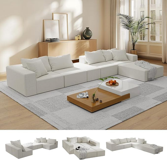 132'' Oversized Cloud Couch Sectional Modular Sectional Sofa with 6 Pillows Comfy Chenille L Shape Couch with 6 Deep Seat Convertible Sleeper Boneless Couches for Living Room No Assembly Beige