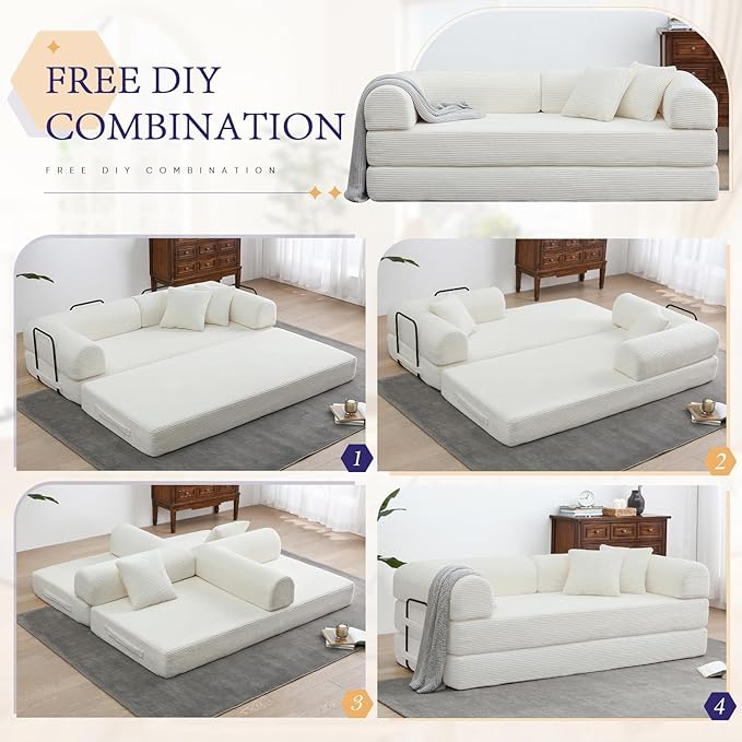Convertible Folding Sofa Bed Corduroy Sleeper Mattress Couch with Fixed-Shape Frame Free Combination Loveseat Lounge Floor Sofa Queen Size Memory Foam Couch for Living Room Bedroom White